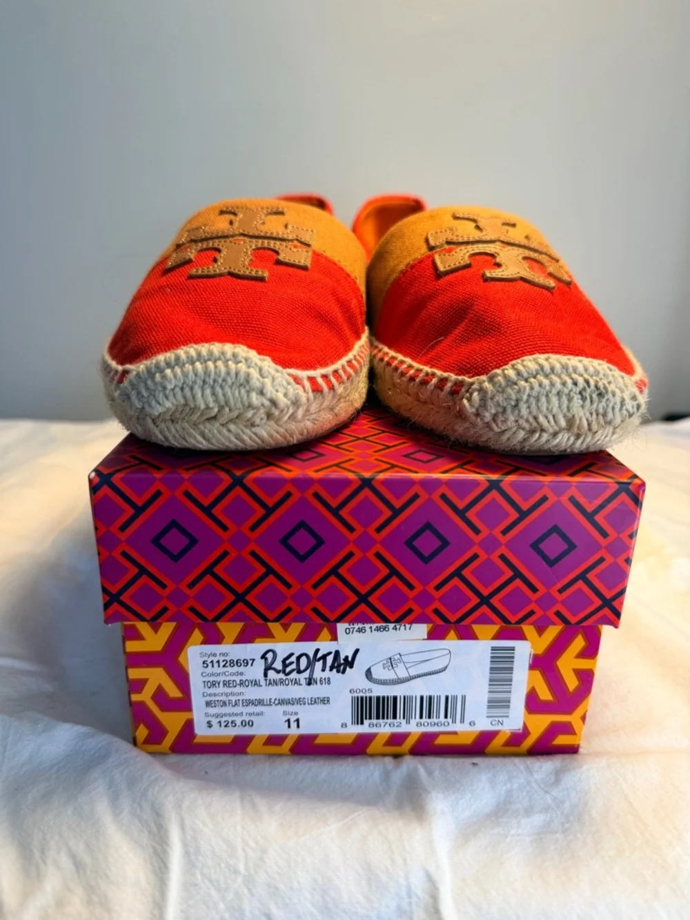 Tory Burch Red Canvas Espadrilles with Tan Trim and Logo